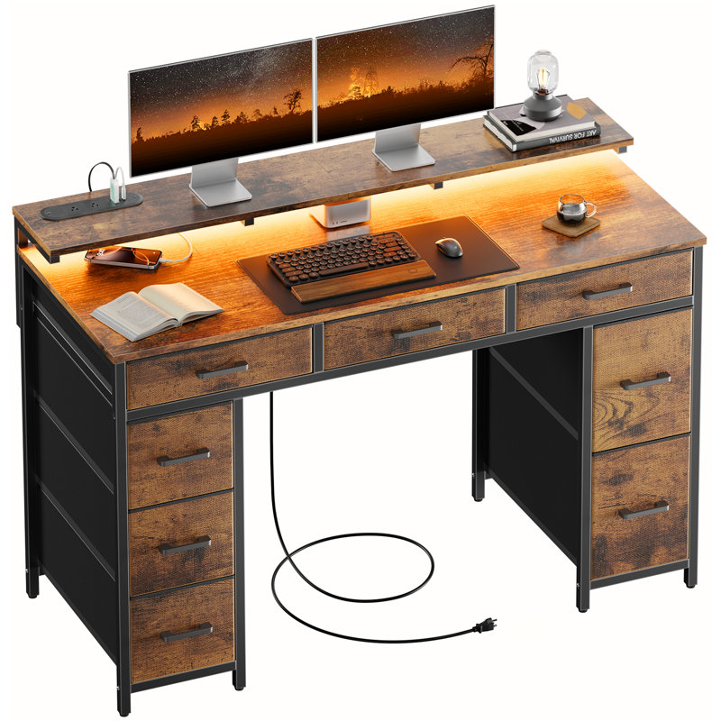 47 inch Computer Desk with 8 Storage Drawers, Gaming Desk with LED Lights & USB Power Outlets, Home Office Table with Monitor Stand, Study Writing Work Table for Bedroom, Rustic Brown