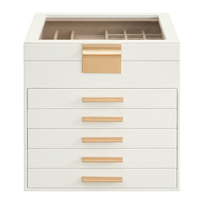 Jewelry Box With Glass Lid, 6-Layer Jewelry Organizer, 5 Drawers, 8 X 9.1 X 9 Inches, Cloud White And Gold Color