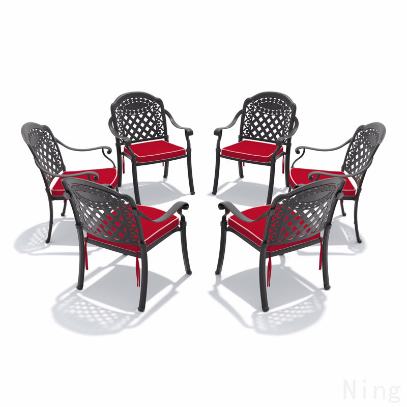 Chaise de patio en aluminium coulé 6 pièces avec cadre noir et coussins rouges, Rouge, 6