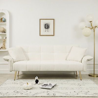 Velmira 70" Teddy Fleece Convertible Sofa Bed, Adjustable Backrest & Arms, Futon Loveseat for Small Space Living Room & Bedroom