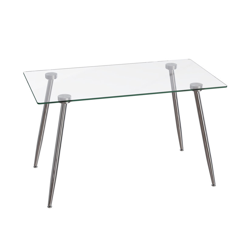 Glass Dining Table, Modern Rectangular Table with Tempered Glass Tabletop & Sliver metal Legs, Simplistic Kitchen Table, Versatile Table for Home Office (0 damage)