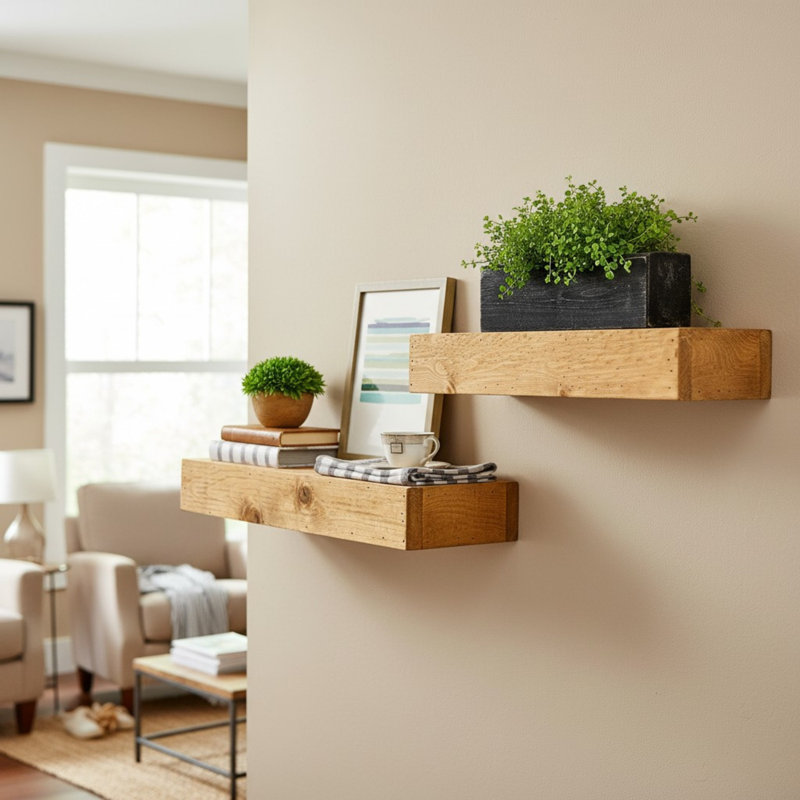 2 Piece Pine Floating Shelf, 3.75" H x 24" W x 6" D, Light Brown