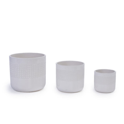 Ensemble de 3 pots de fleurs en céramique grille, jardinière moderne pour patio, jardin, rebord de fenêtre - blanc antique