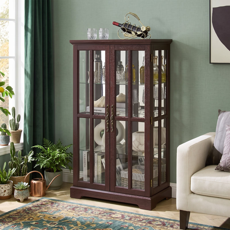 Vitrine haute en verre de 52,8 po avec lumières DEL RVB, vitrine à miroir et tablettes réglables, Cerise foncée