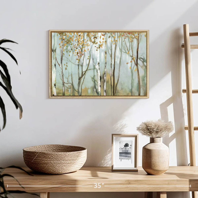 Bouleau dans le brouillard II, Cadre flottant en bois naturel, 19 po x 13 po