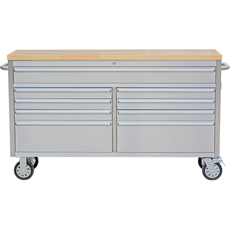 Armoire à outils mobile de 61 pouces, coffre à outils roulant à 9 tiroirs avec plateau en bois d'hévéa, roulettes verrouillables et serrure à clé, rangement à outils robuste pour le garage, la boutique et les ateliers professionnels