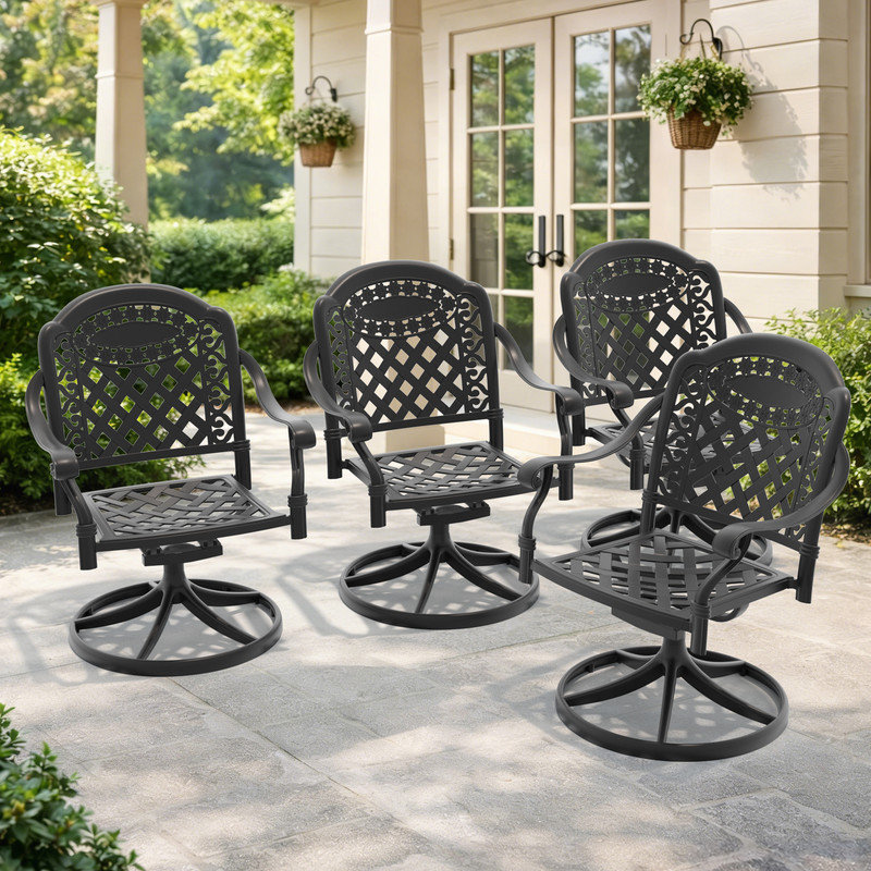 Lot de 4 chaises de salle à manger pivotantes d'extérieur en fonte d'aluminium avec coussins et accoudoirs, noir et rouge