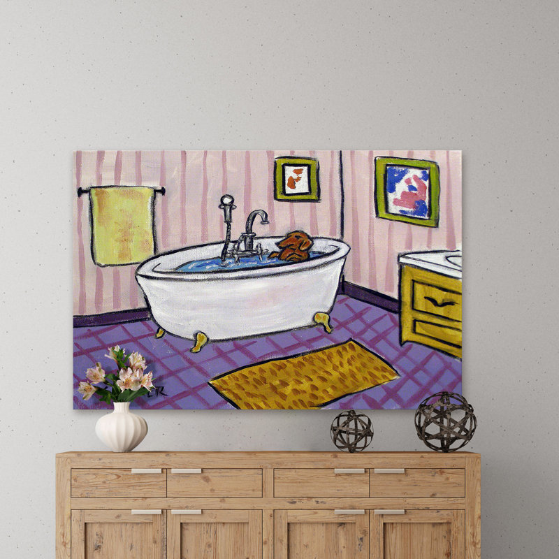 «Dachsund Bath» par Jay Schmetz - reproduction sur toile, H 12 po x l 18 po