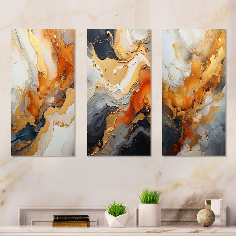 Or et blanc Geode Lava I - ensemble d'art mural sur toile Geode, H 28 po x l 36 po, Toile tendue