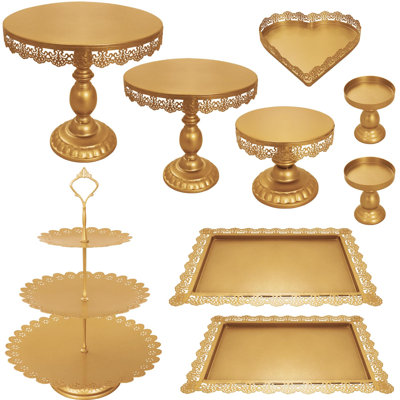 Ensemble de 9 présentoirs à gâteaux en métal, présentoirs à cupcakes, plusieurs styles, tour de présentation pour bonbons et fruits, plateau de service pour gâteaux et desserts, idéal pour les anniversaires, mariages, fêtes prénatales, fiançailles (doré)