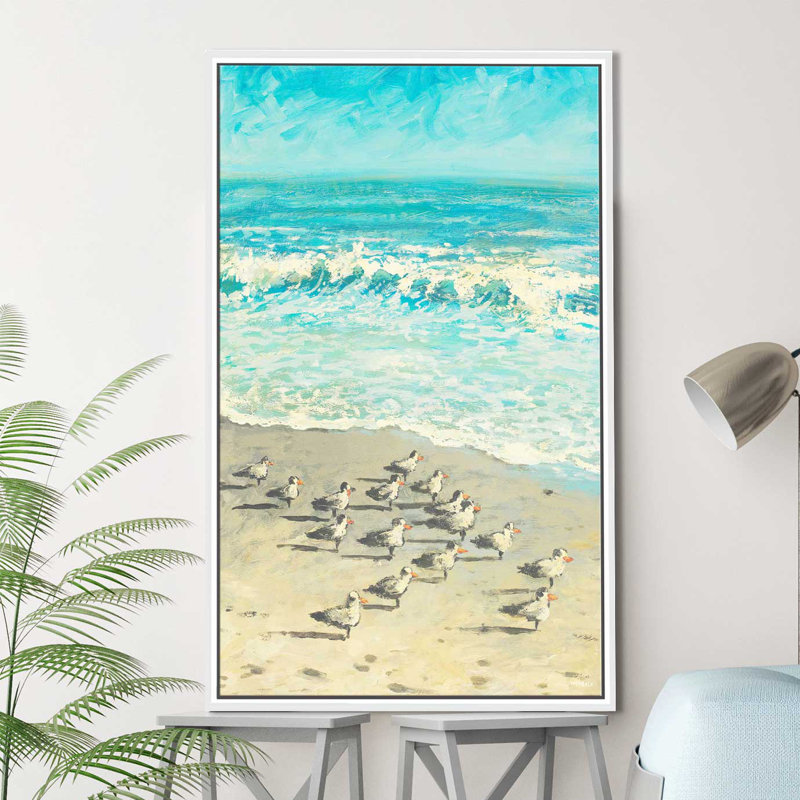 «Sandpiper Beach Party», reproduction de peinture acrylique, H 43,5 po x l 27,5 po x P 2 po, Cadre flottant blanc