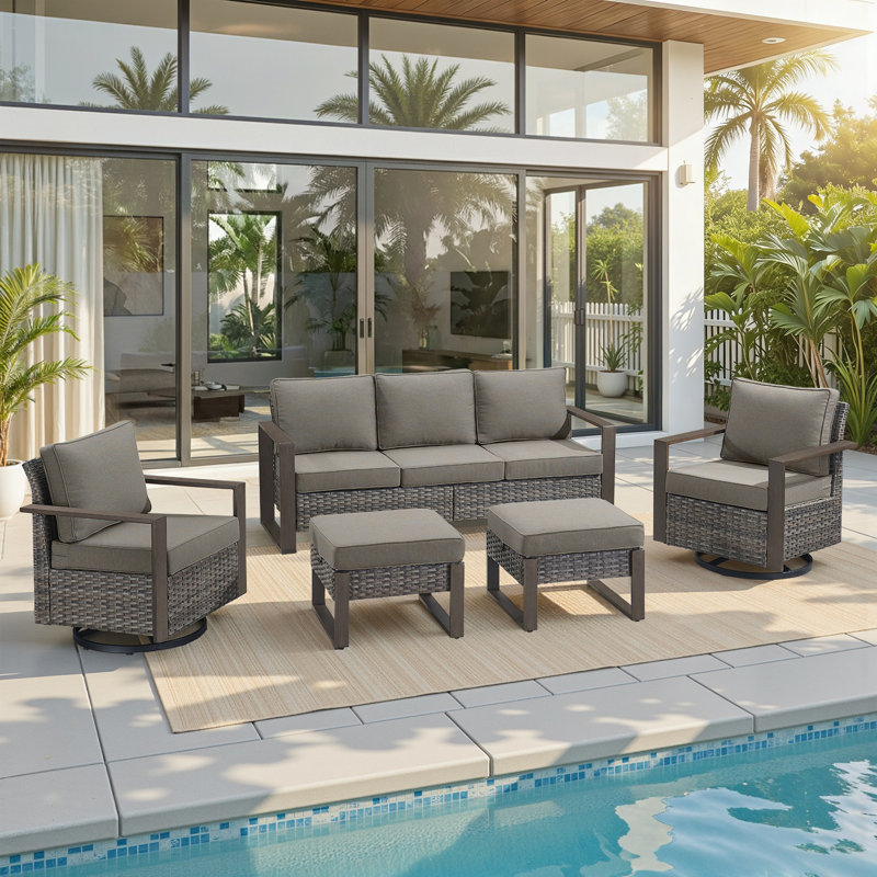 Ensemble de meubles de patio 5 pièces Allcot, canapé d'extérieur en osier avec coussins pivotants et confortables, Gris, Gris