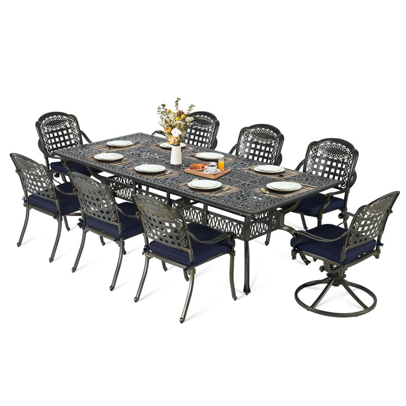 Meetwarm 9-Piece Outdoor Patio Dining Set For 8, All Weather Cast Aluminum Patio Funiture Table And Chairs Set- 94.5" Rectangular Table And 2 Swivel Rocker Chairs, 6 Stationary For Garden
