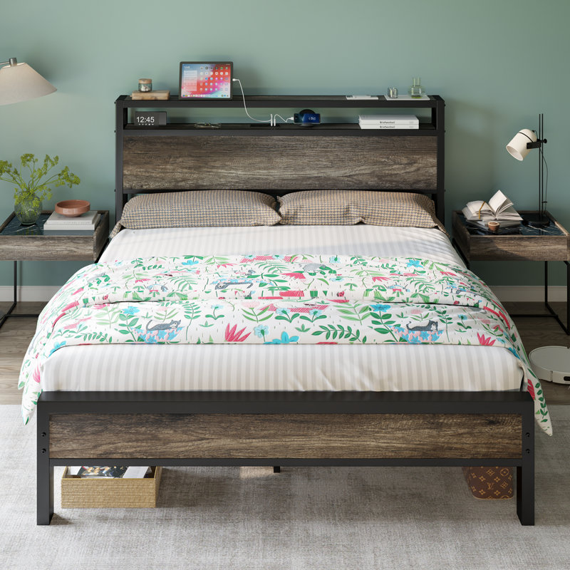Tryston Bed Frame Industrial Platform Bed with Charging Station, Queen, Rustic Gray