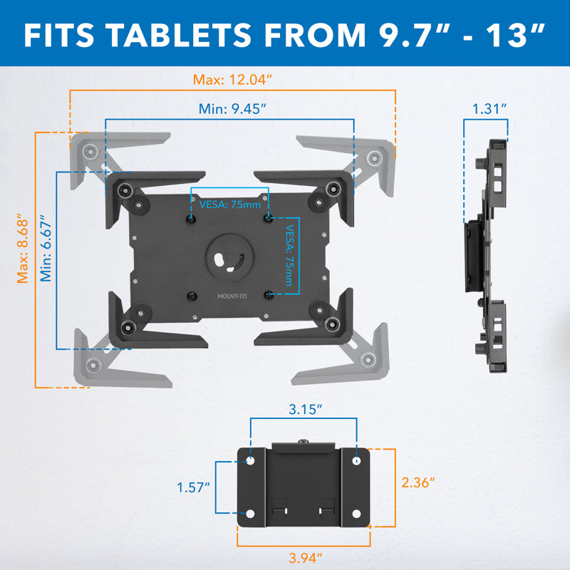 Mount-it Universal Tablet Wall Mount With Most 9.7" To 13" Tablets, Black