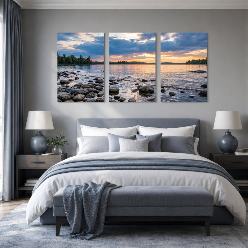 Sunset Lake Art Canvas Wrapped Wall Art Set Of 3 For Living Room Bedroom Home Decor, 1218