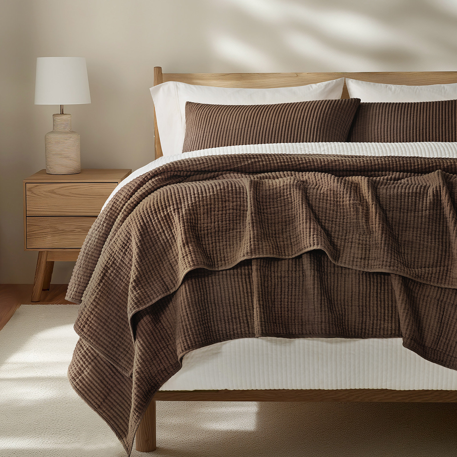 Ribbed Matelassé Cotton Coverlet Set, Queen Quilt + 2 Queen Shams, Sienna Brown