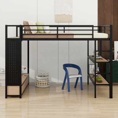 Loft Bed With Wardrobe,Storage Shelves And Pegboard