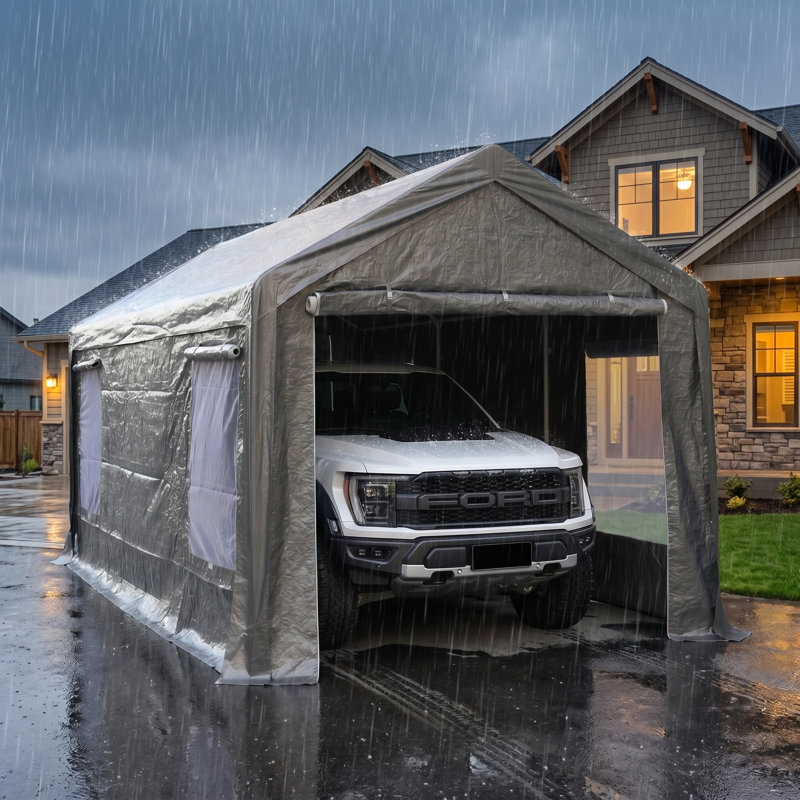 Abri d'auto robuste 10 x 20 pi, remise de rangement extérieure grise avec cadre boulonné et housse imperméable