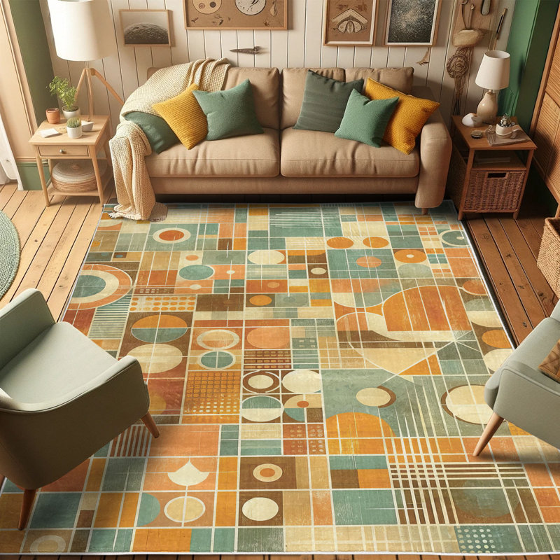Mid-Century Modern Blue and Burnt Sienna Synthetic Area Rug