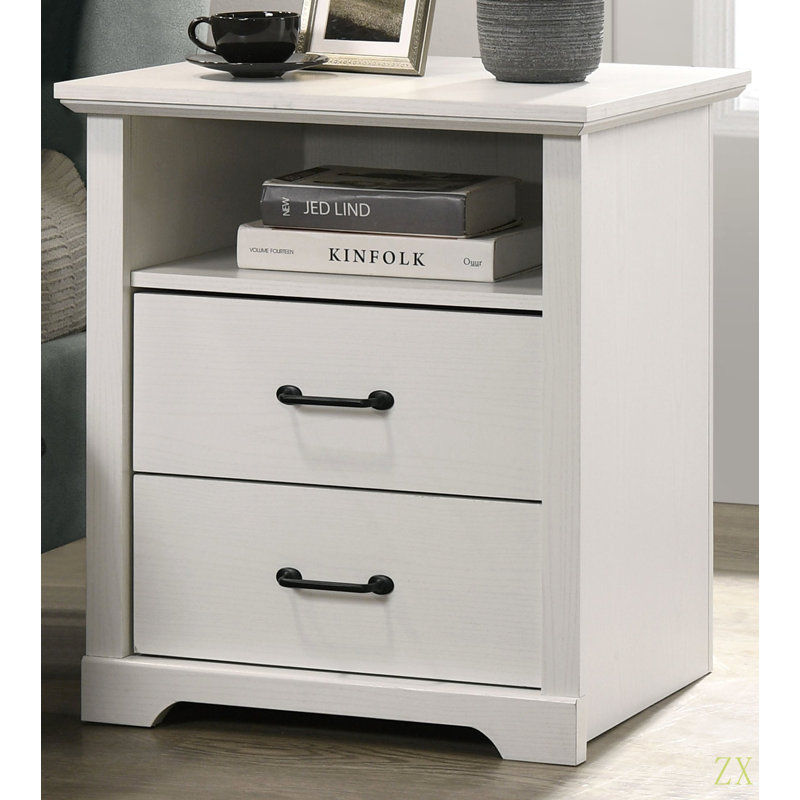Table de chevet 2 tiroirs avec ports de charge USB Elara, Blanc