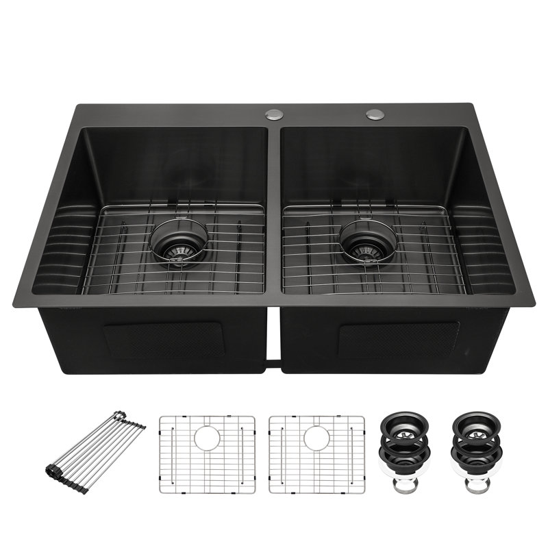 33" Drop-In 16 Gauge Double Bowl Stainless Steel Kitchen Sink with Accessories, Black, Black