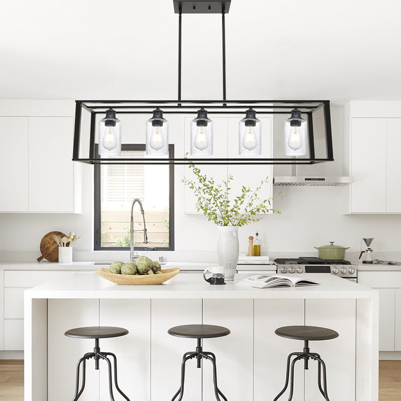 5-Lights Kitchen Island Lighting, Modern Linear Chandelier With Seeded Glass, Black Industrial Dining Room Light Fixtures Over Table Farmhouse Ceiling Pendant Lights