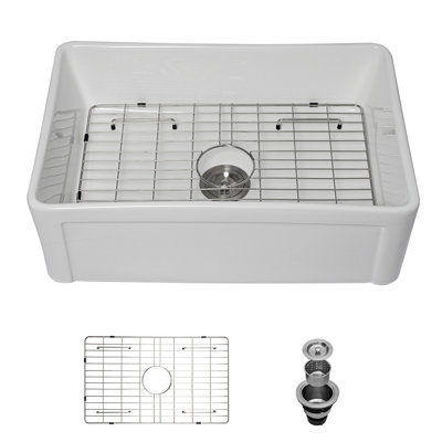 White Farmhouse Sink - 30 Inch Kitchen Sink Apron-Front White Ceramic Reversible Single Bowl Kitchen Farm Sinks