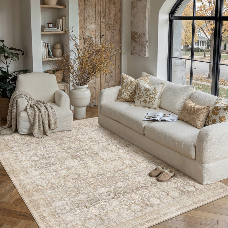 Tapis vintage lavable à motif rétro avec envers antidérapant, Rectangle 5 pi x 7 pi