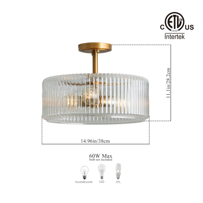 Plafonnier encastré en verre rayé Traditional - 15 po, 3 lumières, laiton antique, H 11,1 po x l 14,96 po x P 14,96 po