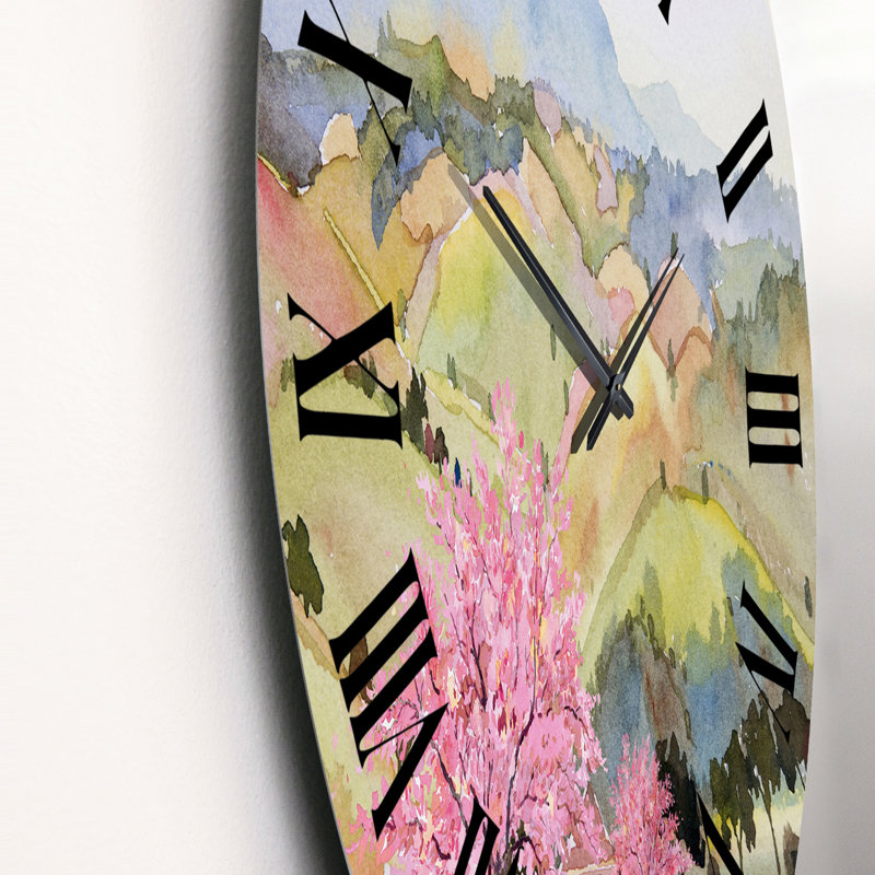 Arbre rose dans un paysage d'automne - Horloge murale traditionnelle, Petit