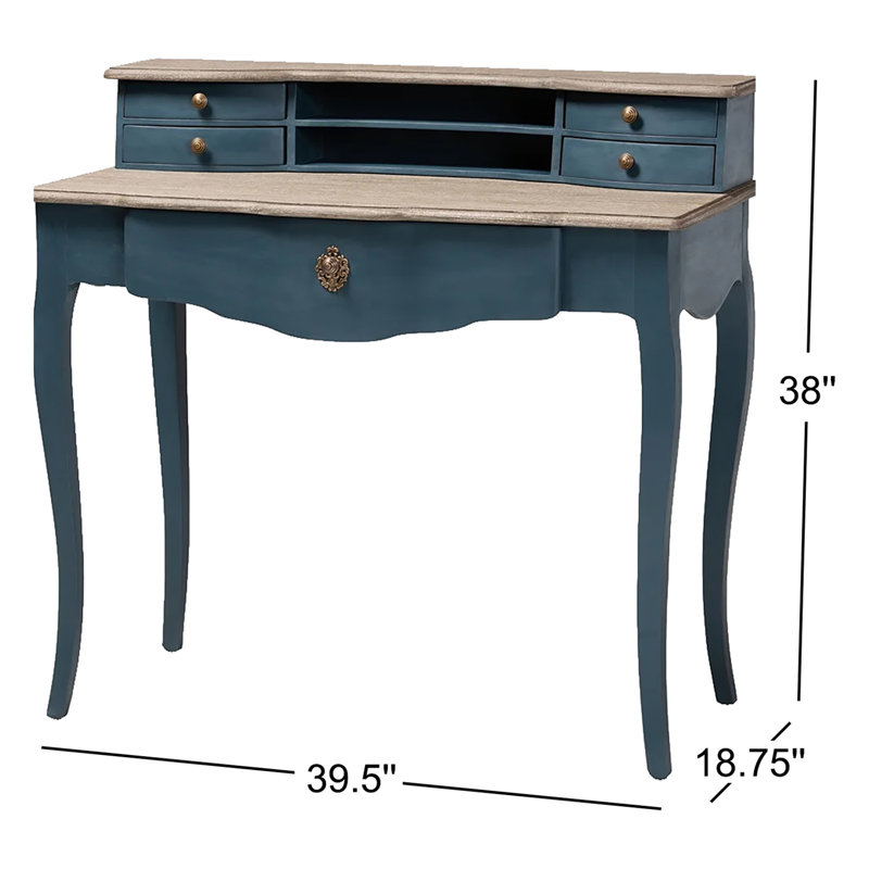 Celestine French Provincial Blue Spruce 40'' Wood Writing Desk with Brass Knobs