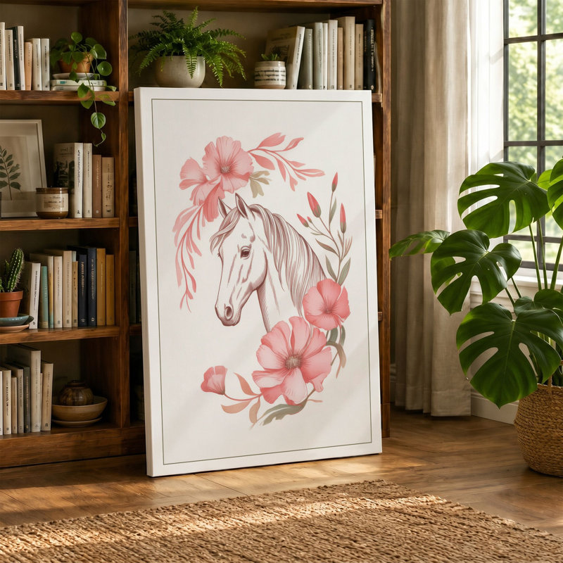 Horse in Bloom Botanical - Wrapped Canvas, 36x24 - 91.4 x 61.0 cm, Teal Border