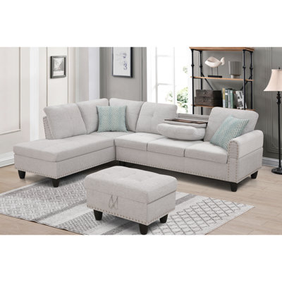 Grey 3 - Piece L Shaped Sectional Ideal For Family Game Nights, Pull Down Middle Seat With Cup Holders, Comes Toss Pillows And Interior Storage, Engineered Wood Frame, Neutral Faux Leather, Foam