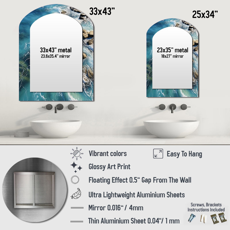 Aerial View on Tropical island V - Beach Asymmetrical Decorative Wall Mirror, Blue Arch Large Mirror, Printed Metal Art