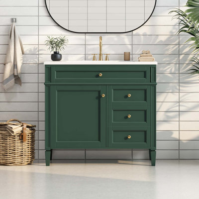 Meuble-lavabo moderne de 36 pouces avec lavabo supérieur, armoire de rangement spacieuse à gauche et plusieurs tiroirs pour une organisation efficace