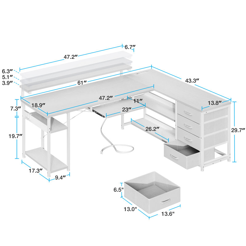 Lymon L-Shaped Metal Base Computer Desk with Power Outlet, White