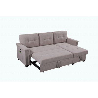 Modern 84"W Light Gray Reversible Sleeper Sectional Sofa With Storage Chaise, USB Charging Ports And Pocket