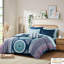 Édredon pour lit simple - Motif médaillon bleu marine, taies décoratives brodées, drap complet, literie moderne et tendance, rembourrage, style relaxant-121305281-121305284