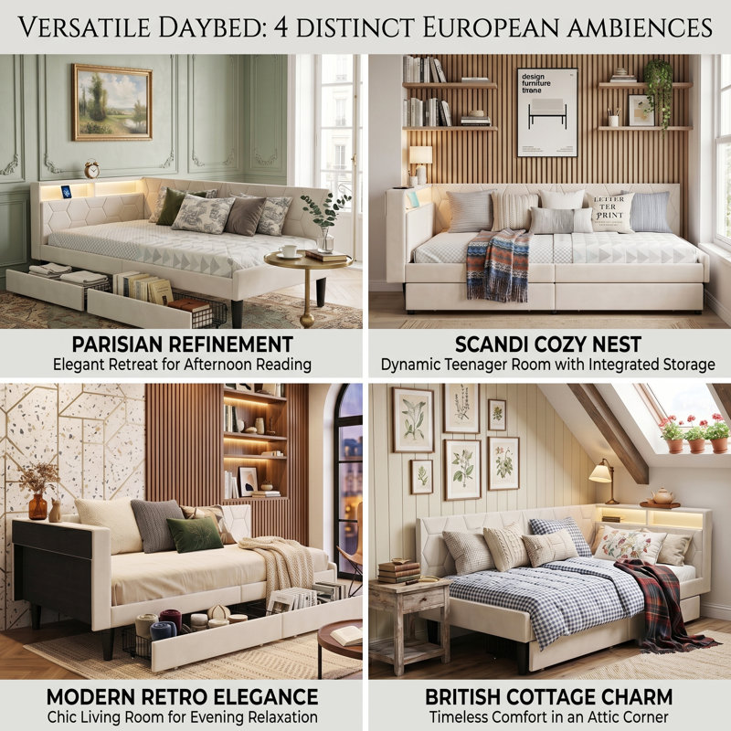 EU Single & Double Velvet Smart Daybed with 2 Storage Drawers, Upholstered Sofa Bed Frame with USB & Type-C Charging Station, LED Lights, Beige & Grey, 90/140x200cm