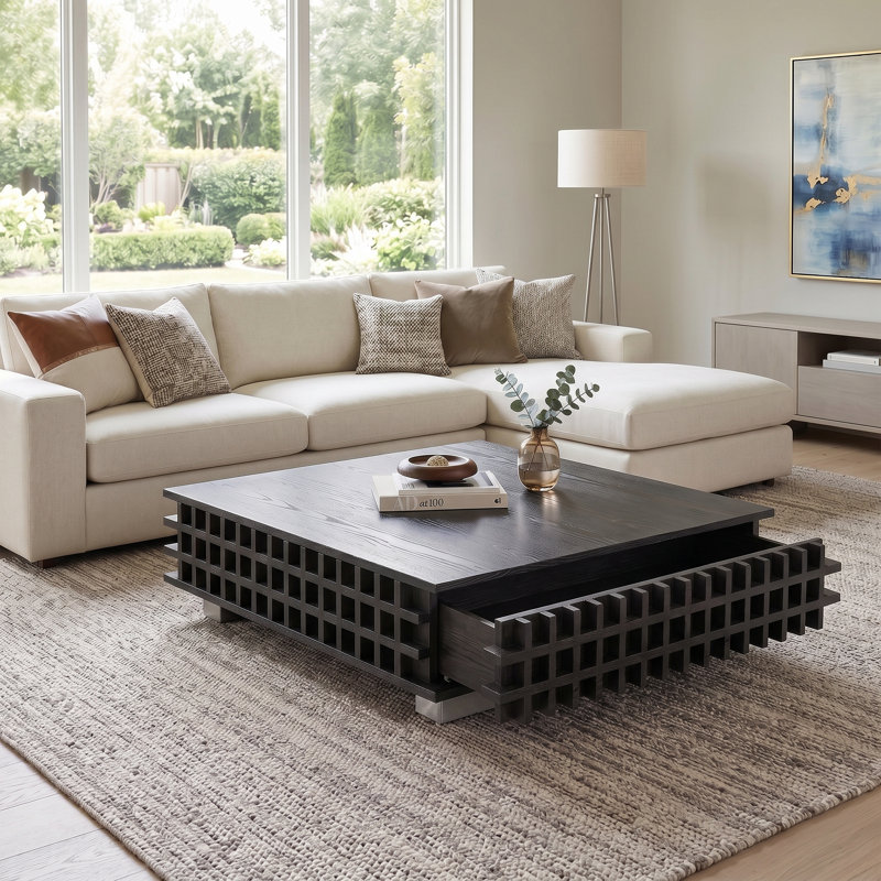 32" Modern Square Coffee Table with Grid Lattice Design and 2 Storage Drawers, Low Profile Black Media Table