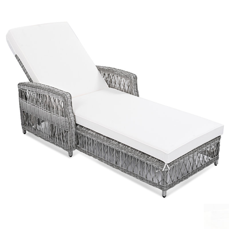 Outdoor Long Reclining Chaise, Wicker Lounge With Armrests, Patio Adjustable Recliner, Soft Removable Cushions, All-Weather Rattan Poolside & Garden Furniture