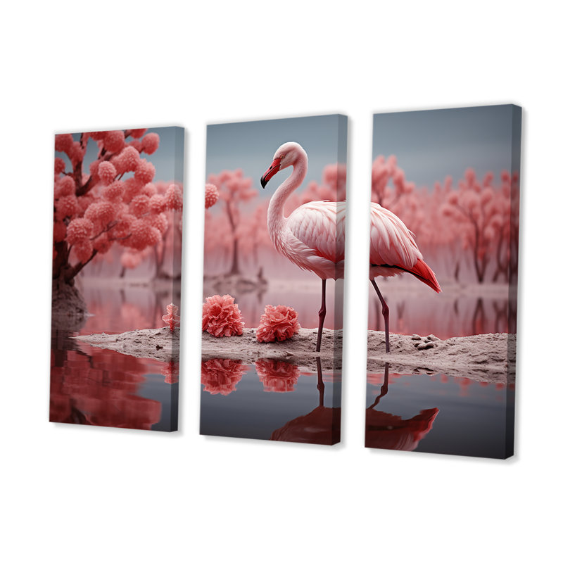 «Elegant Pink Flamingo Paradise I», ensemble d'art mural animalier, H 28 po x l 36 po