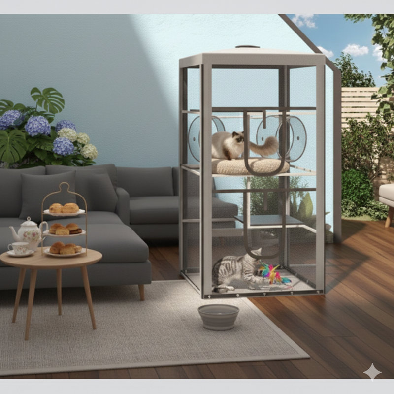 Enclos pour chats et chatons, fabriqué en tissu maillé avec une structure en acier, servant de parc.