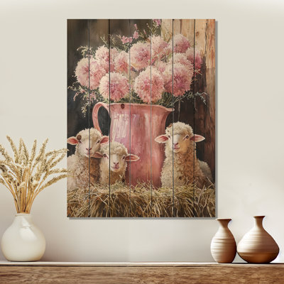 Portrait de mouton floral rose à la grange - décoration murale en bois de mouton - sur bois de pin naturel