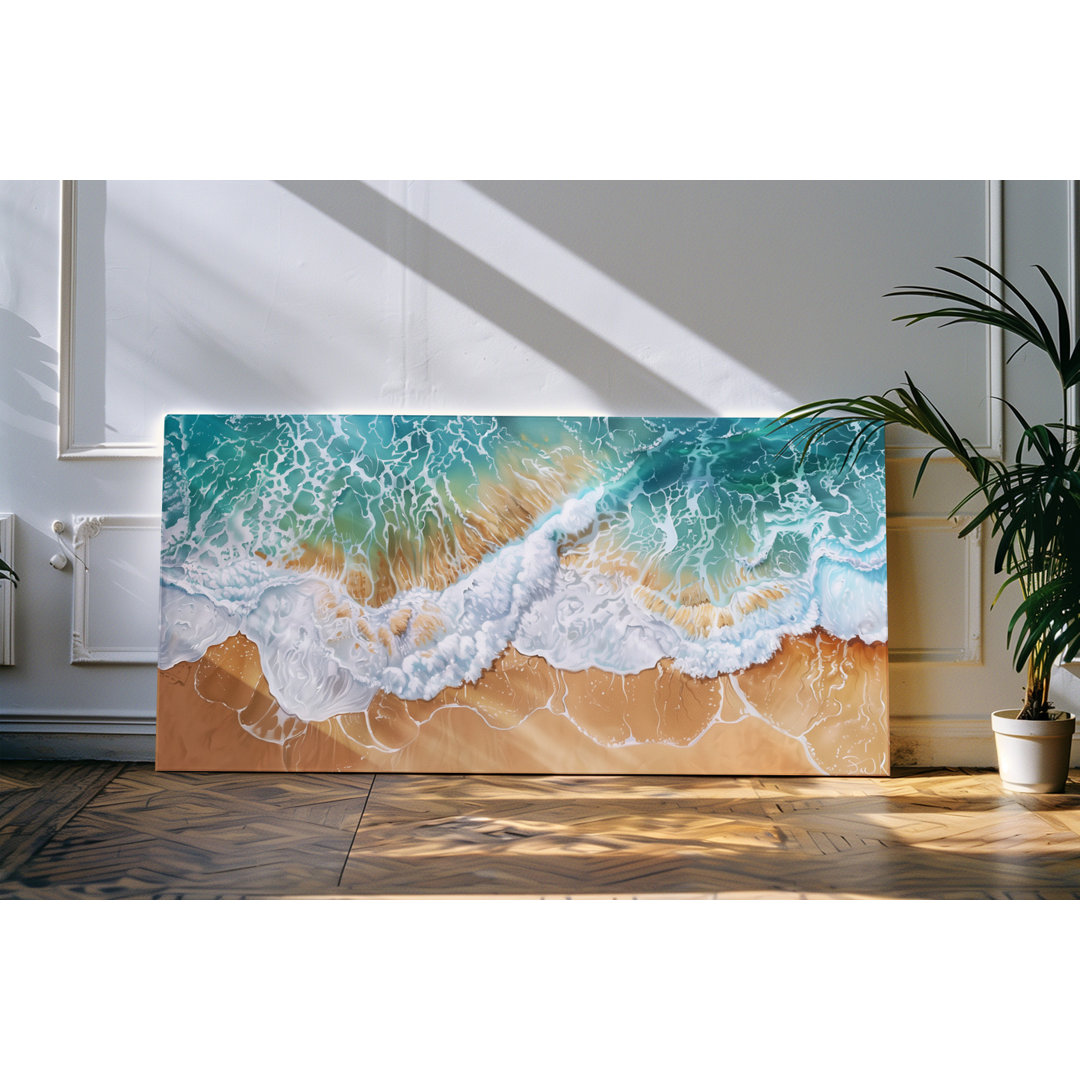 Leinwandbild gerahmt 120x60cm Strand von Oben Abstrakt Kunstvoll Meer Wellen