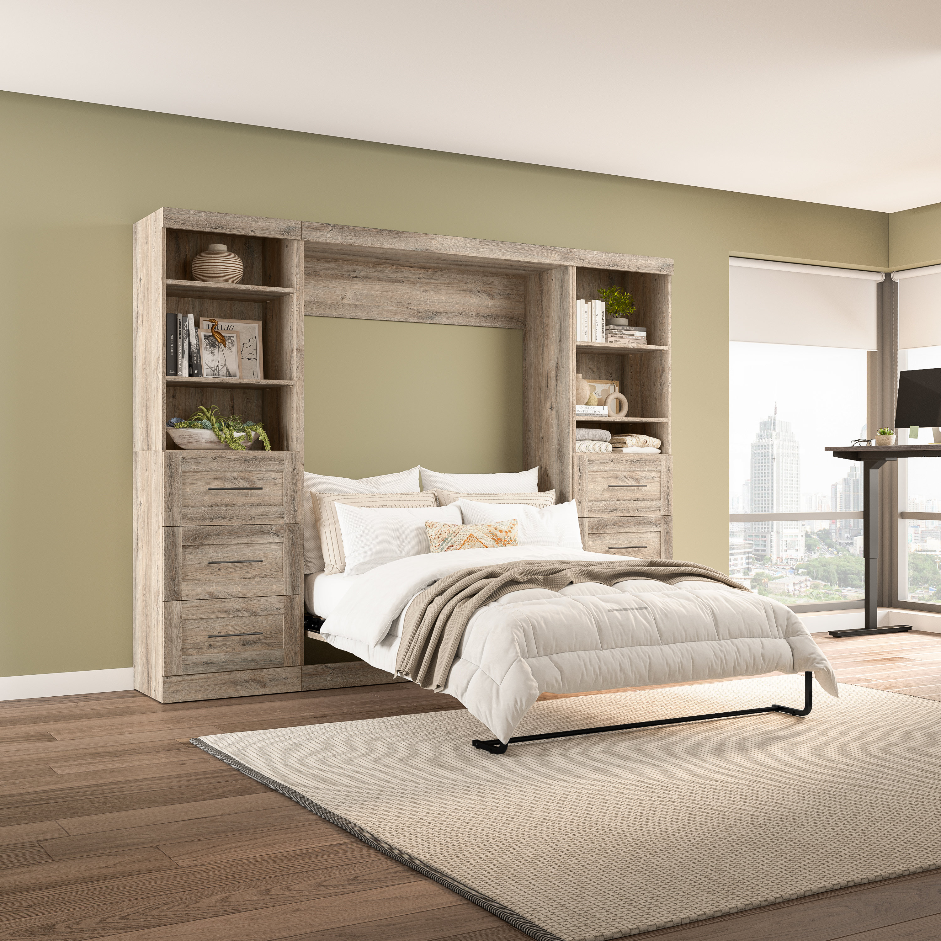 Arlex Storage Murphy Platform Space-Saving Wall Bed, 2 Shelving Units with Drawers