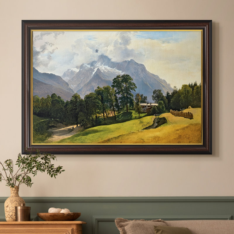 «Mountains in Berchtesgaden» par Fred Gauermann, Format intérieur 20 po x 28 po, Toile avec cadre, Noyer doré