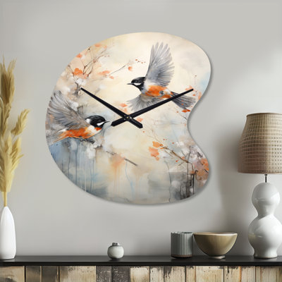 Bird Avian Symphony I - Bird Irregular Shape Metal Wall Clock, Beige Asymmetrical Metal Wall Clock Print