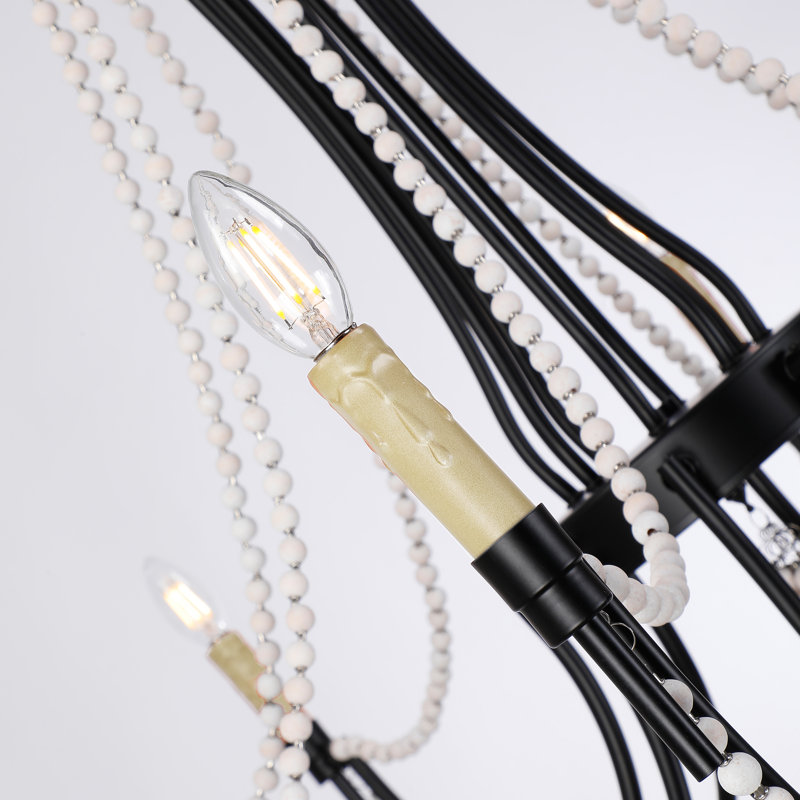 Lustre de plage rustique 8 lumières avec brins de perles en bois